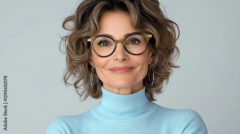 Obraz premium Woman with glasses and a blue sweater is smiling. She has a nice, friendly expression. Concept of warmth and happiness