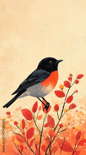 Autumnal Bird Perched on Branch