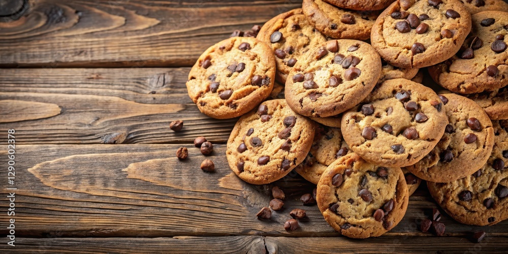 Crunchy chocolate chip cookies scattered on a rustic wooden table, cookies, baking,  cookies