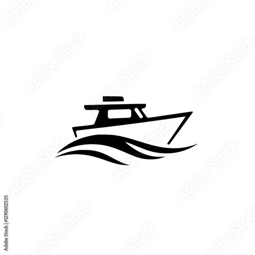 Vector graphic representation of a cabin cruiser boat sailing in the water, showcasing a minimalist, flat design style.