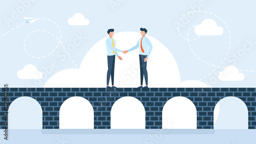 Businessmen shaking hands on a bridge. Agreement, compromise, cooperation. Business merger and acquisition with businessmen shaking hands. Bridge, end of negotiation, success. Vector illustration