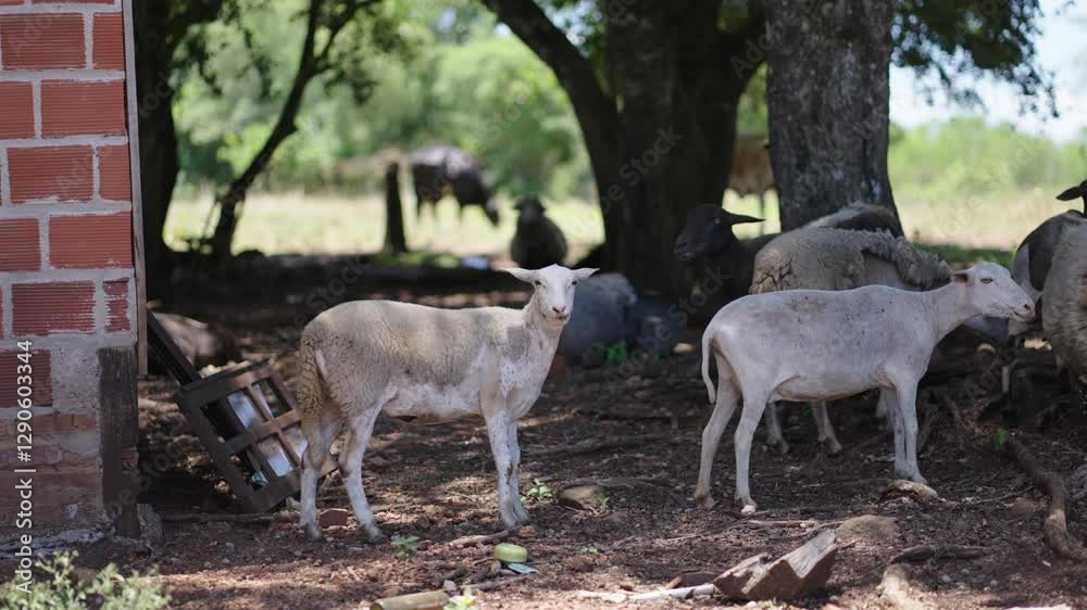 Two white sheep standing near a wooden structure in a farmyard with scattered items. Two white sheep standing near a wooden structure in a farmyard with scattered items.