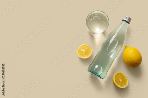 Bottle of clean water, glas...