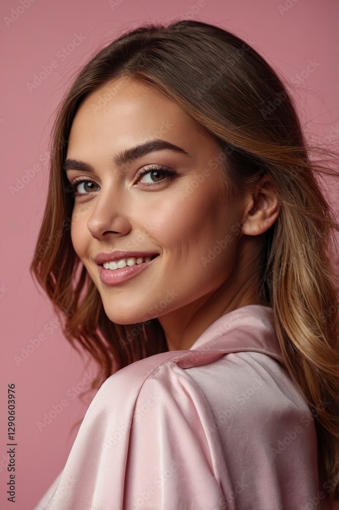Beautiful Woman in Pink Silk Robe Smiling Beautiful Woman in Pink Silk Robe Smiling