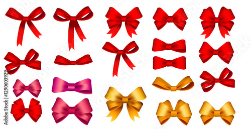 Colored ribbon collection. Decorative bows. Gift wrapping elements. Various styles. Flowing designs. Celebration decorations. Present accents. Vector illustration set isolated on white