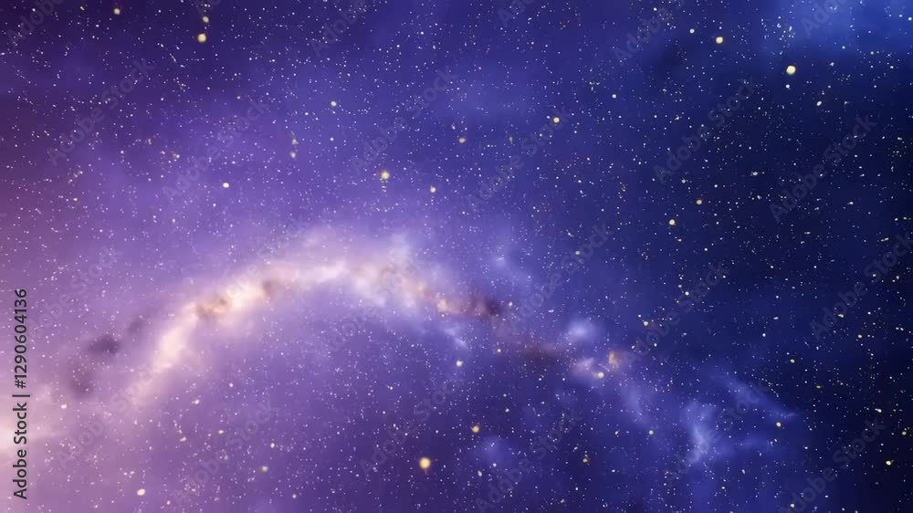 Seamless looping animation of a cosmic nebula with drifting space dust and floating particles. Deep purples, blues, and golden light create a dreamy, otherworldly effect. Created with generative AI.