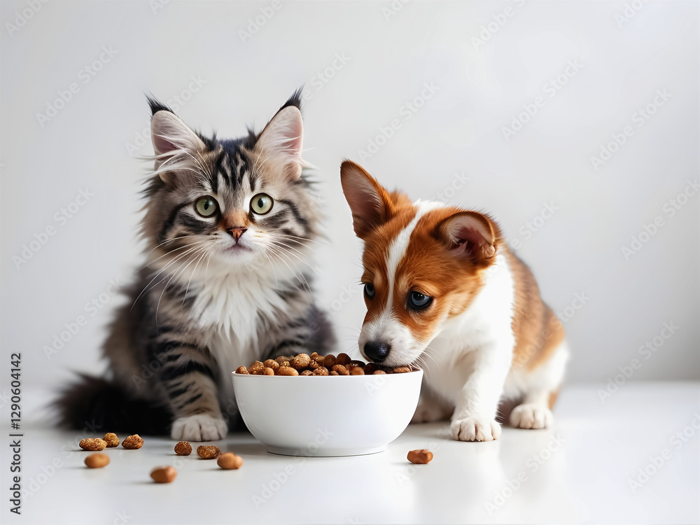 Adorable little dog and cute cat eating food together from blank white bowl, animals and wildlife, white background