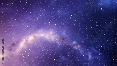 Seamless looping animation of a cosmic nebula with drifting space dust and floating particles. Deep purples, blues, and golden light create a dreamy, otherworldly effect. Created with generative AI.