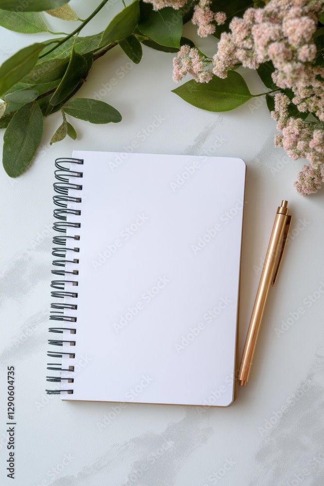 Naklejka premium A notebook and pen are on a table with a bunch of flowers. The notebook is open to a blank page, and the pen is sitting on top of it. The flowers are scattered around the notebook