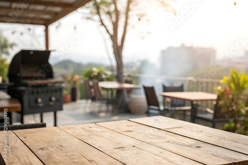 Rustic Wooden Table in Cozy Outdoor Patio with Blurred Background