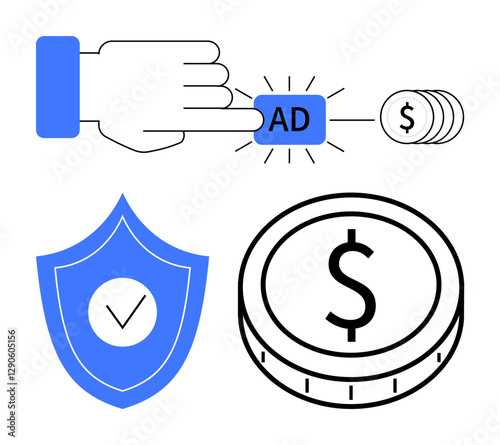 Hand clicking ad button with dollar coins, shield with checkmark, and money coin. Ideal for online marketing, revenue, security, e-commerce, monetization, digital campaigns abstract line flat