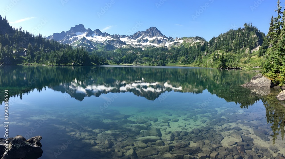 Serene mountain lake scene, crystal-clear water reflecting snow-capped peaks, surrounded by lush greenery, perfect for relaxation.