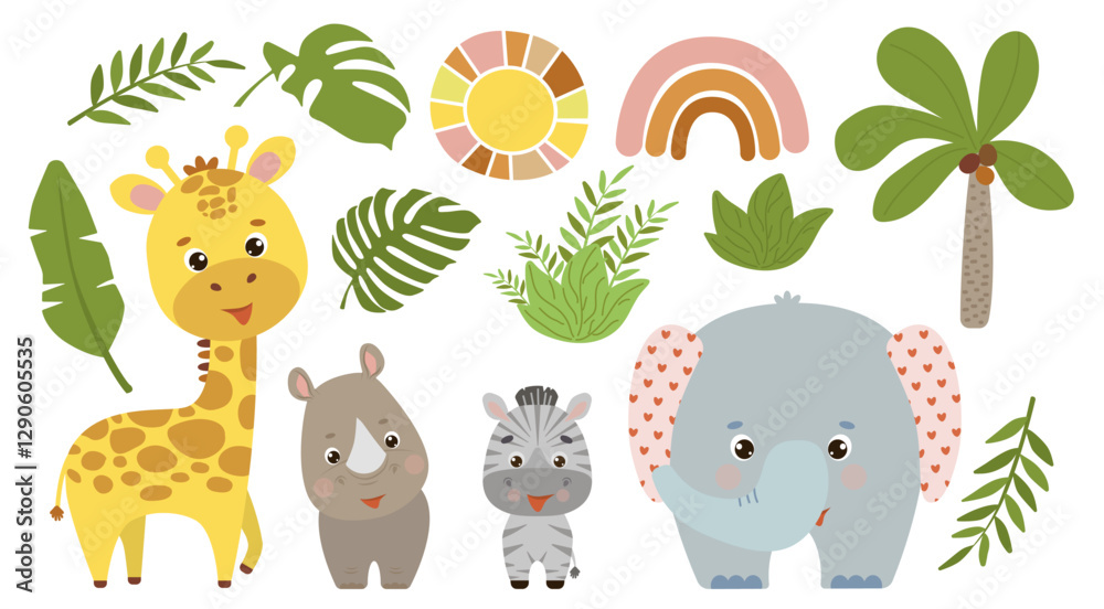 Naklejka premium African animals set. Elephant, rhino, giraffe and zebra, rainbow and sun. Vector illustrations isolated on background