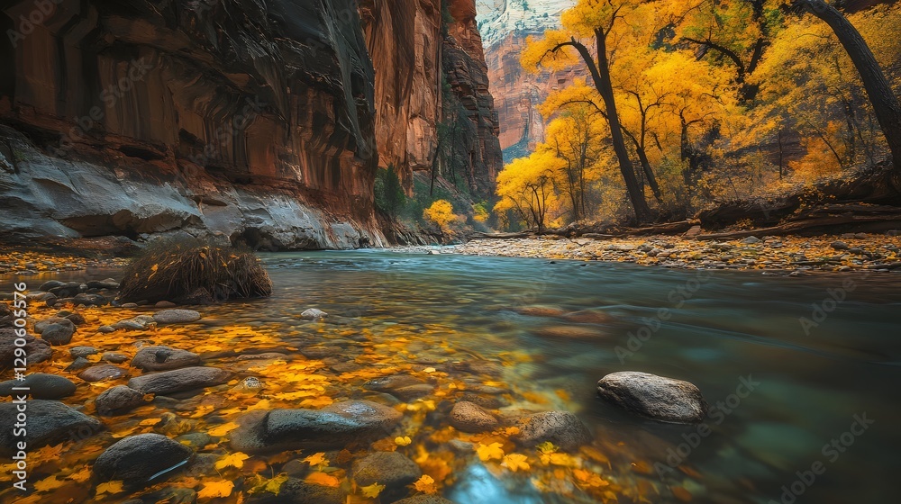 Fototapeta premium Tranquil river scene, crystal clear water flowing through rocky terrain, surrounded by vibrant autumn foliage, inviting for nature lovers.