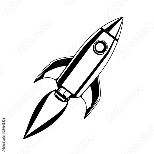 Black and white retro rocket, stylized in a minimalist minimalist style against a white background.