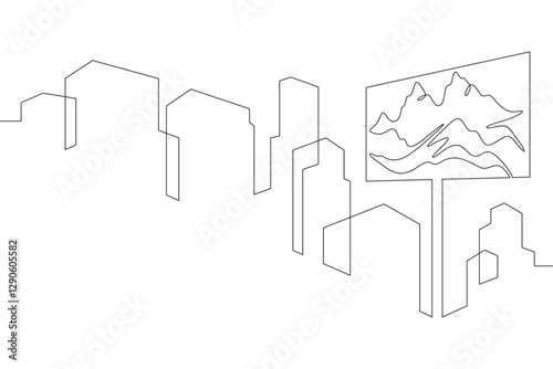 Continuous one line drawing Advertising billboard in the city. Panorama of the city. High mountain on an advertising billboard. Mountain on a banner.Not AI.
