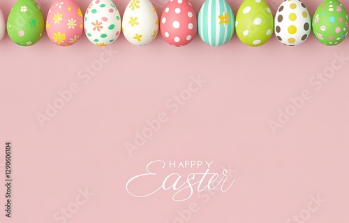 A row of vibrantly decorated Easter eggs with patterns like flowers, polka dots and stripes, set against a soft pink background, with the cheerful 