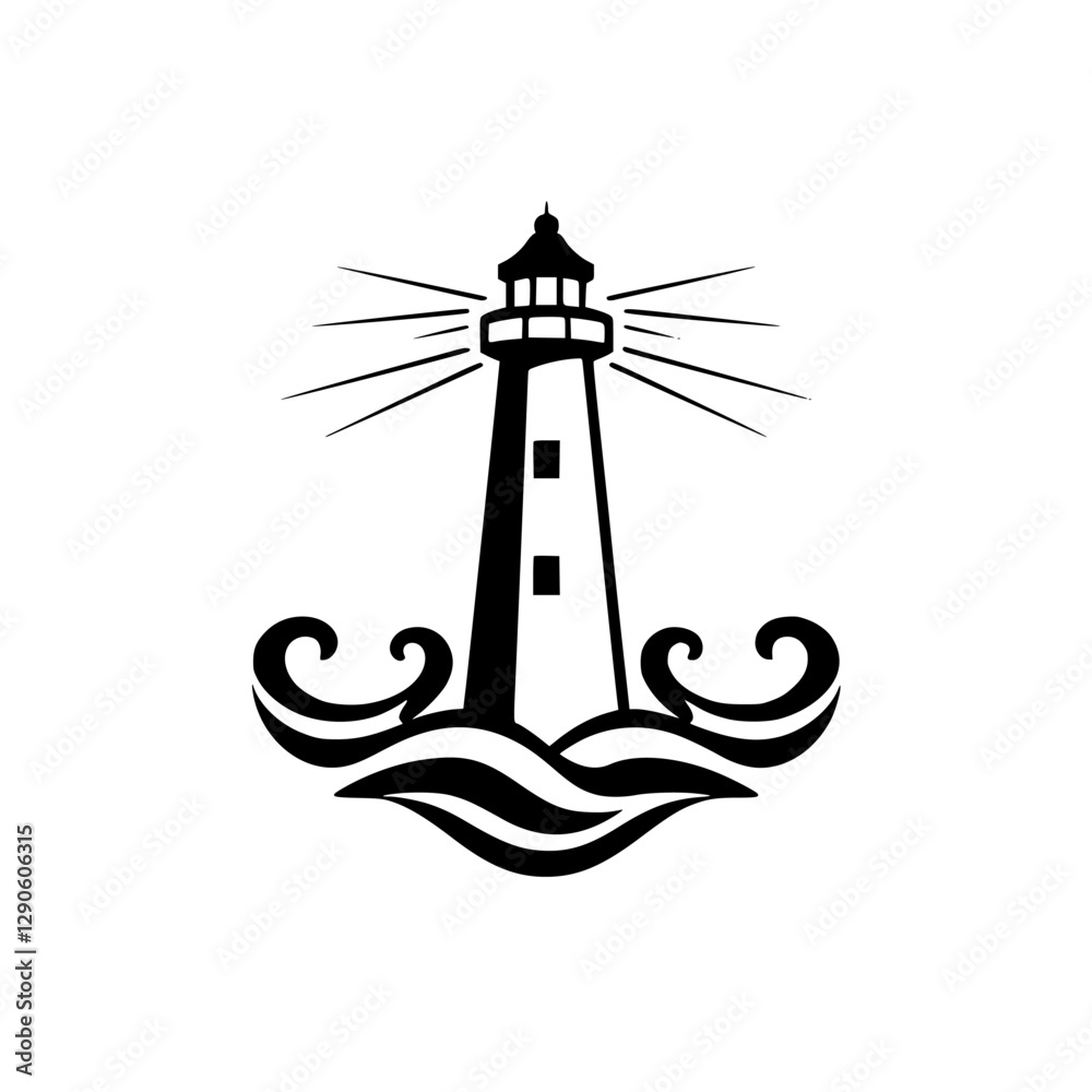 custom made wallpaper toronto digitalLighthouse silhouette against white background: stylized black and white illustration of a tall lighthouse on waves with radiating light beams.