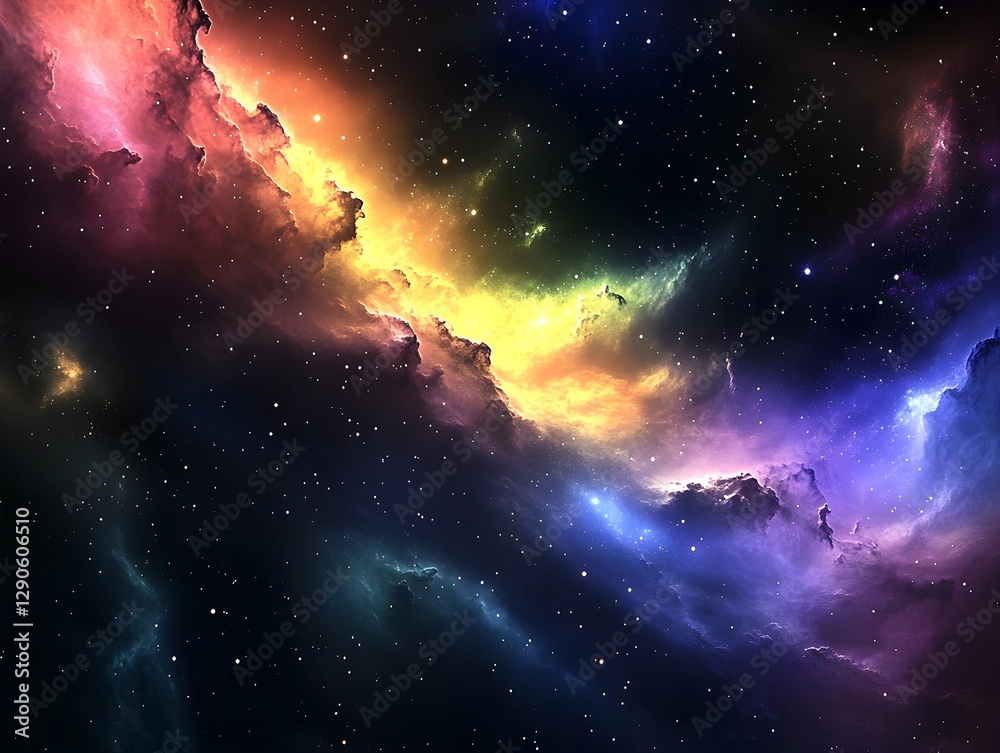An expansive view of a colorful galaxy featuring swirling clouds of gas and shimmering stars, set against a dark backdrop. An expansive view of a colorful galaxy featuring swirling clouds of gas and shimmering stars, set against a dark backdrop.