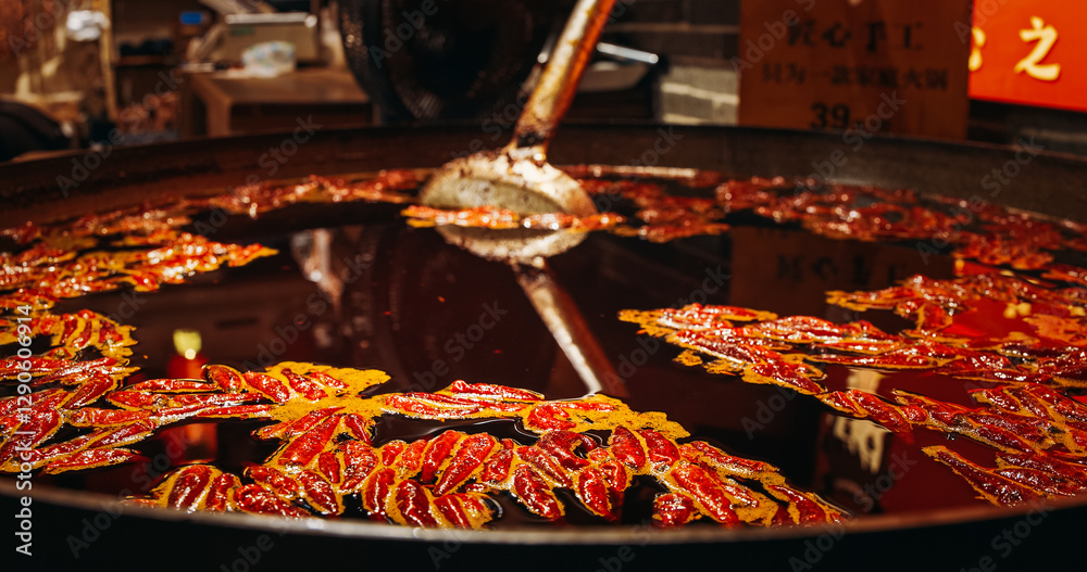 Chengdu, Sichuan, China. Sichuan Pepper Sauce. Ceramic Pots With Prepared Sichuan Sauce, close up view. Sichuan Cuisine Or Sichuanese Cuisine. Soy Sauce With Bold Flavours, Pungency And Species. Sauce