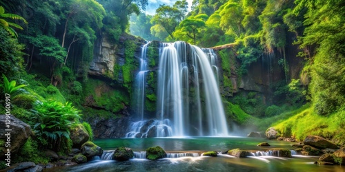 Dense foliage surrounds a serene waterfall cascading down a rocky cliff amidst lush greenery and towering trees , rocks