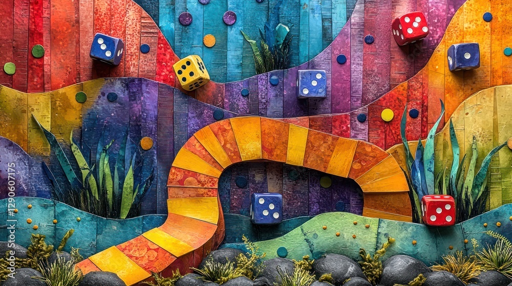 Fototapeta premium Colorful dice game path, abstract landscape, vibrant design