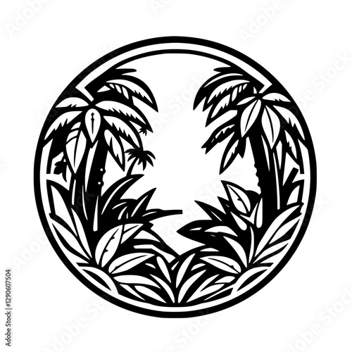 Exotic flora, detailed and unique black and white circle shape, with palm trees and grass, leaves in silhouette, in front of white background. photo
