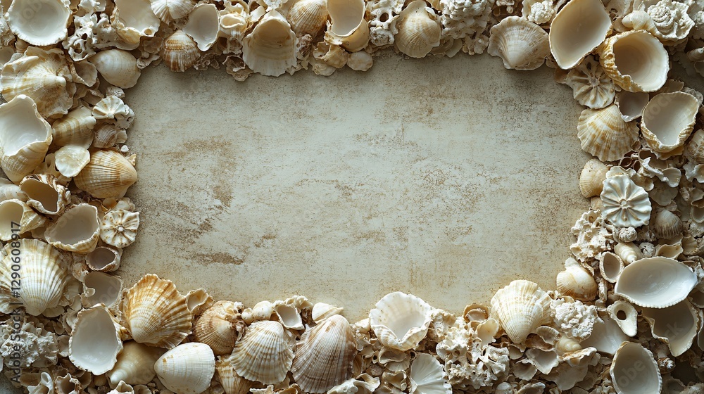Obraz premium Seashells and coral create a frame on a textured surface