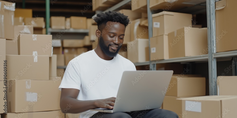 A man is sitting on a pile of boxes and using a laptop. He is smiling and he is enjoying himself A man is sitting on a pile of boxes and using a laptop. He is smiling and he is enjoying himself