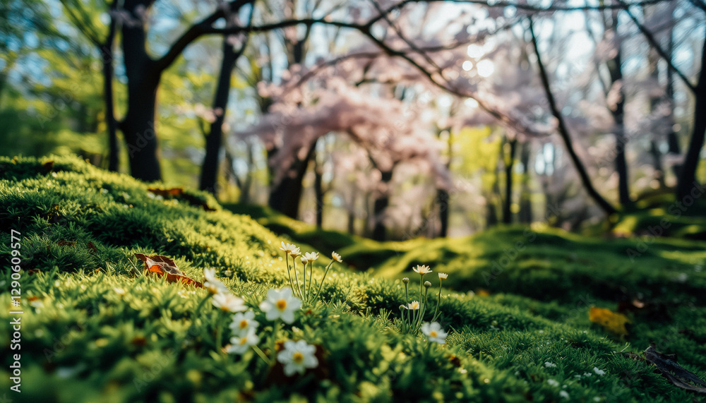 Fototapeta premium Sunlit forest floor covered with green moss and delicate white wildflowers in early spring.
