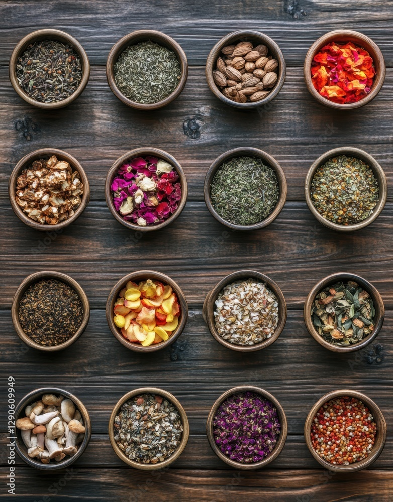 A collection of assorted dried flowers, spices and herbs in small bowls. Each small bowl is neatly arranged on a dark wooden background, creating a colorful A collection of assorted dried flowers, spices and herbs in small bowls. Each small bowl is neatly arranged on a dark wooden background, creating a colorful