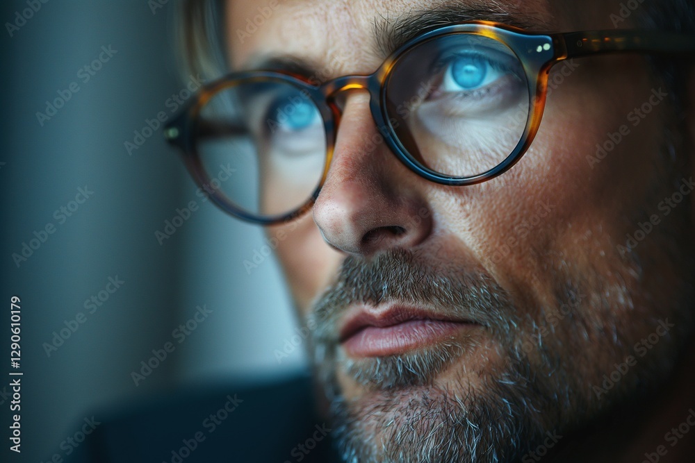 Close-up portrait of a thoughtful Caucasian male with stylish glasses and striking blue eyes, conveying depth and introspection. Close-up portrait of a thoughtful Caucasian male with stylish glasses and striking blue eyes, conveying depth and introspection.