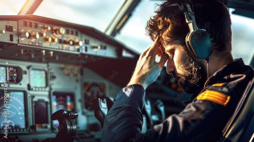 Pilot sitting in cockpit, looking frustrated and holding head, surrounded by flight instruments and control panels, capturing stress and responsibility in aviation, pilot error concept. Pilot sitting in cockpit, looking frustrated and holding head, surrounded by flight instruments and control panels, capturing stress and responsibility in aviation, pilot error concept.