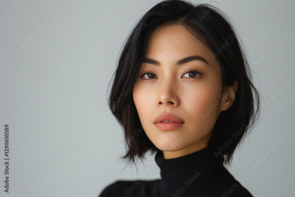 Fototapeta premium Portrait of an Asian female model with short black hair, wearing a black turtleneck, conveying a serene and confident mood.