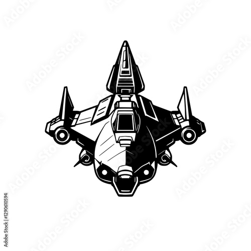 Futuristic spaceship design, with a sleek, stylized jet-fighter aesthetic, black and white color scheme.