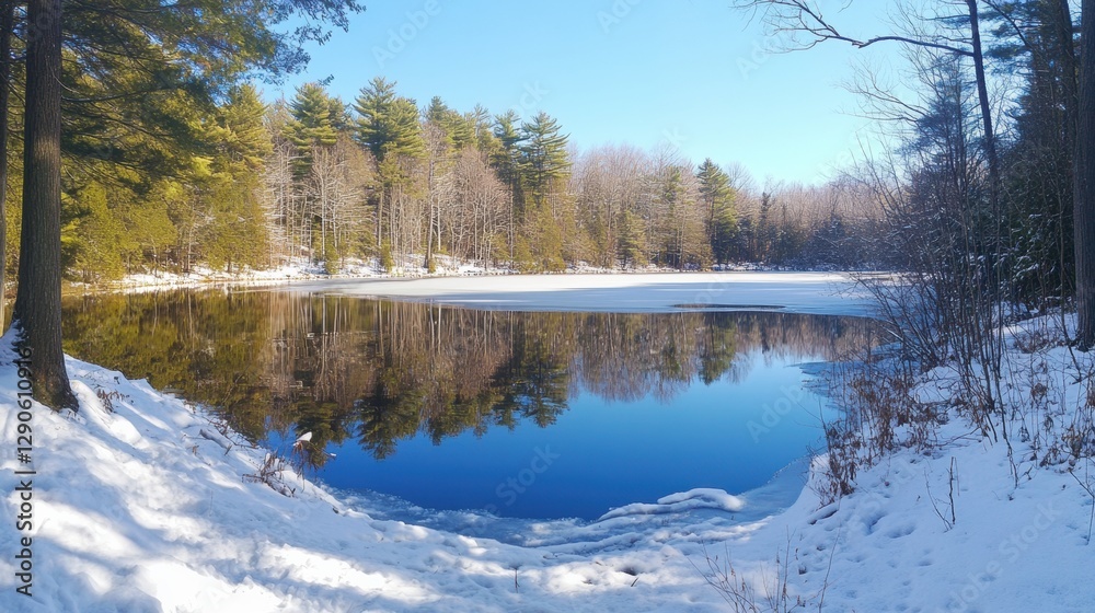 A wide-angle view of a winter lake, its calm waters reflecting a dense forest covered in fresh snow. A wide-angle view of a winter lake, its calm waters reflecting a dense forest covered in fresh snow.