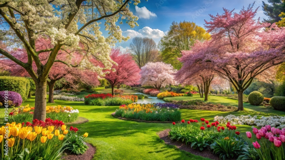 Naklejka premium Vibrant spring garden with blooming flowers and trees in full bloom, blooms, landscape, blooms, landscape, gardenia