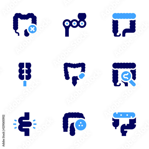 Intestine icon set. Bold style. Duotone colors. large intestine, colon, rectum, helminthiasis, intestine, carcinoembryonic, appendix