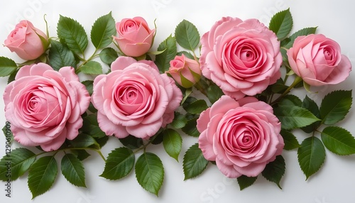 Set of beautiful pink roses with lush green leaves, cut out