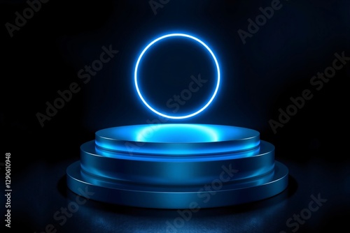 A futuristic metallic podium illuminated by radiant neon light, creating a modern and technological atmosphere