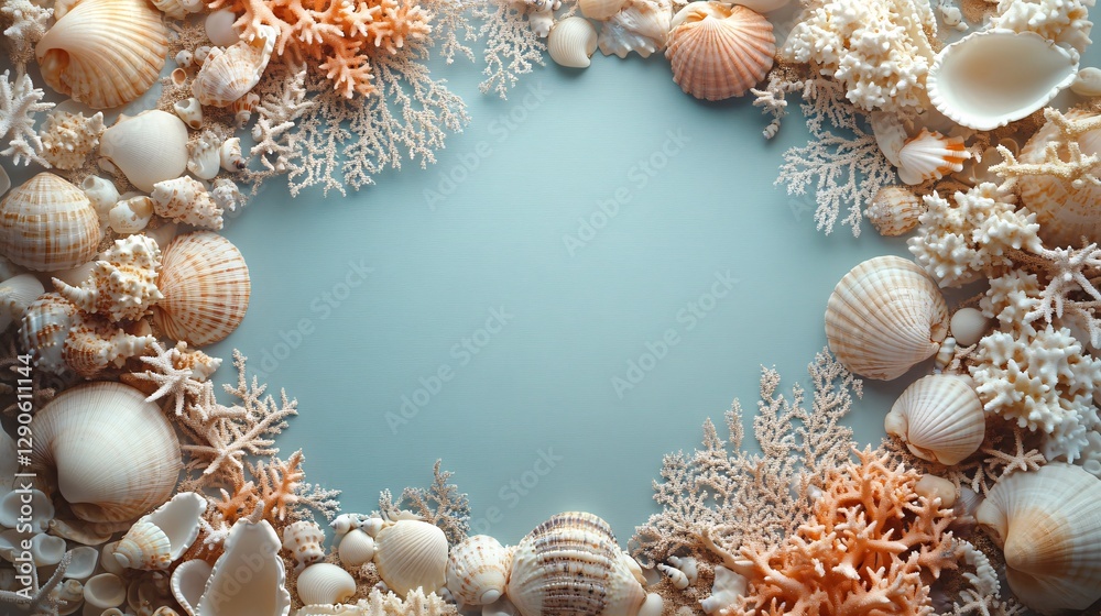 Obraz premium Seashells and coral surround an open area on a blue background