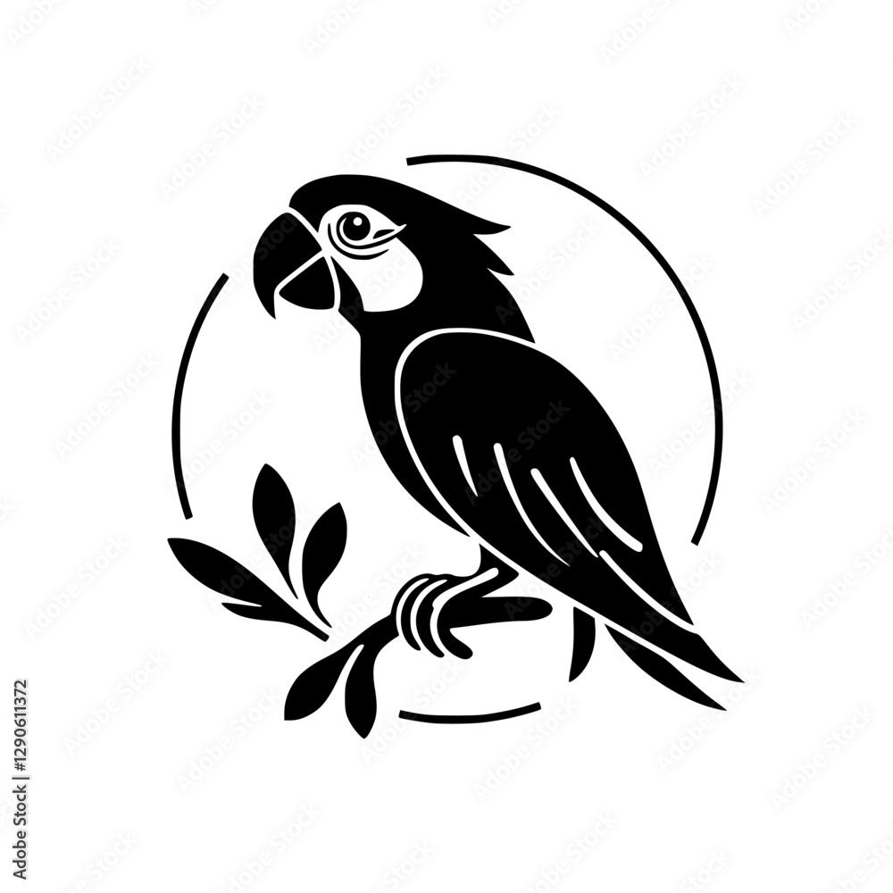 Obraz premium Black and White Parrot Silhouette Perched on Branch, Circled
