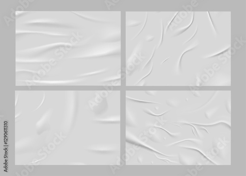 Paper wrinkled poster flyer vector set, glued wrinkles rectangle white blank, vector realistic wet crumpled paper sheet