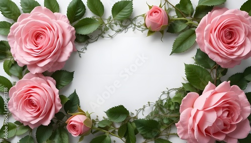 Set of beautiful pink roses with lush green leaves, cut out