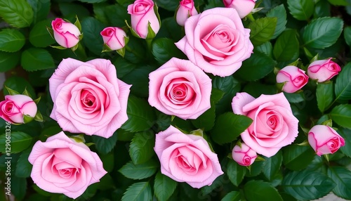 Set of beautiful pink roses with lush green leaves, cut out