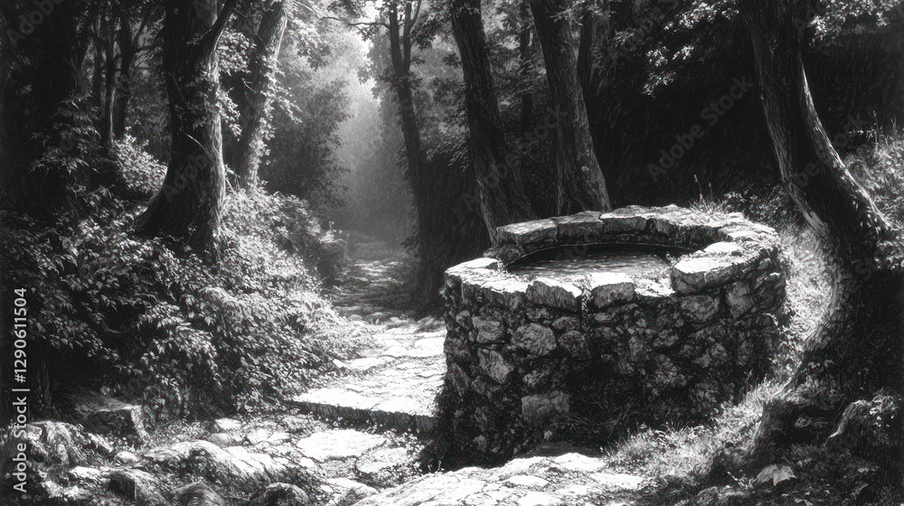 Fototapeta premium Stone seat in misty forest pathway