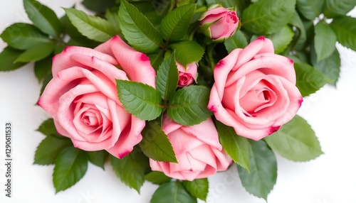 Set of beautiful pink roses with lush green leaves, cut out