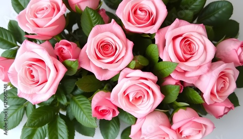 Set of beautiful pink roses with lush green leaves, cut out