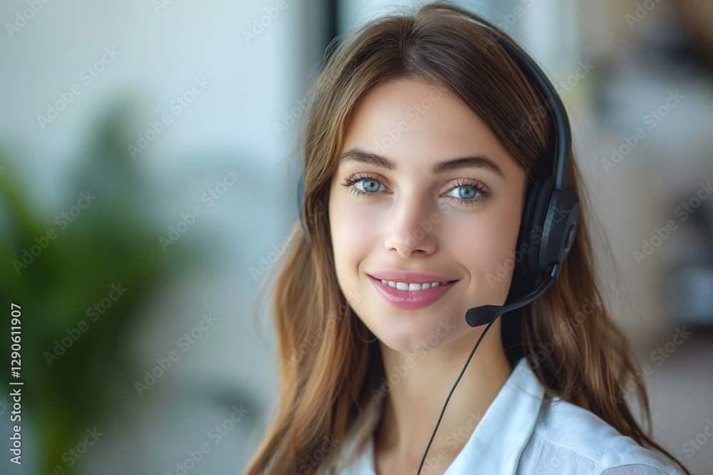 A young Caucasian woman with long hair, wearing a headset, smiles while working in a modern office setting. A young Caucasian woman with long hair, wearing a headset, smiles while working in a modern office setting.