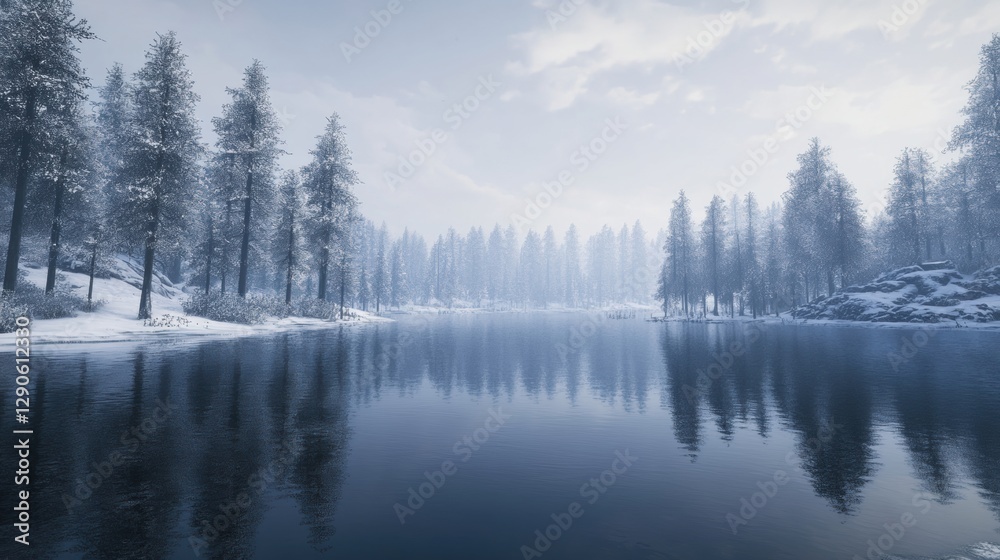A wide-angle view of a winter lake, its calm waters reflecting a dense forest covered in fresh snow.